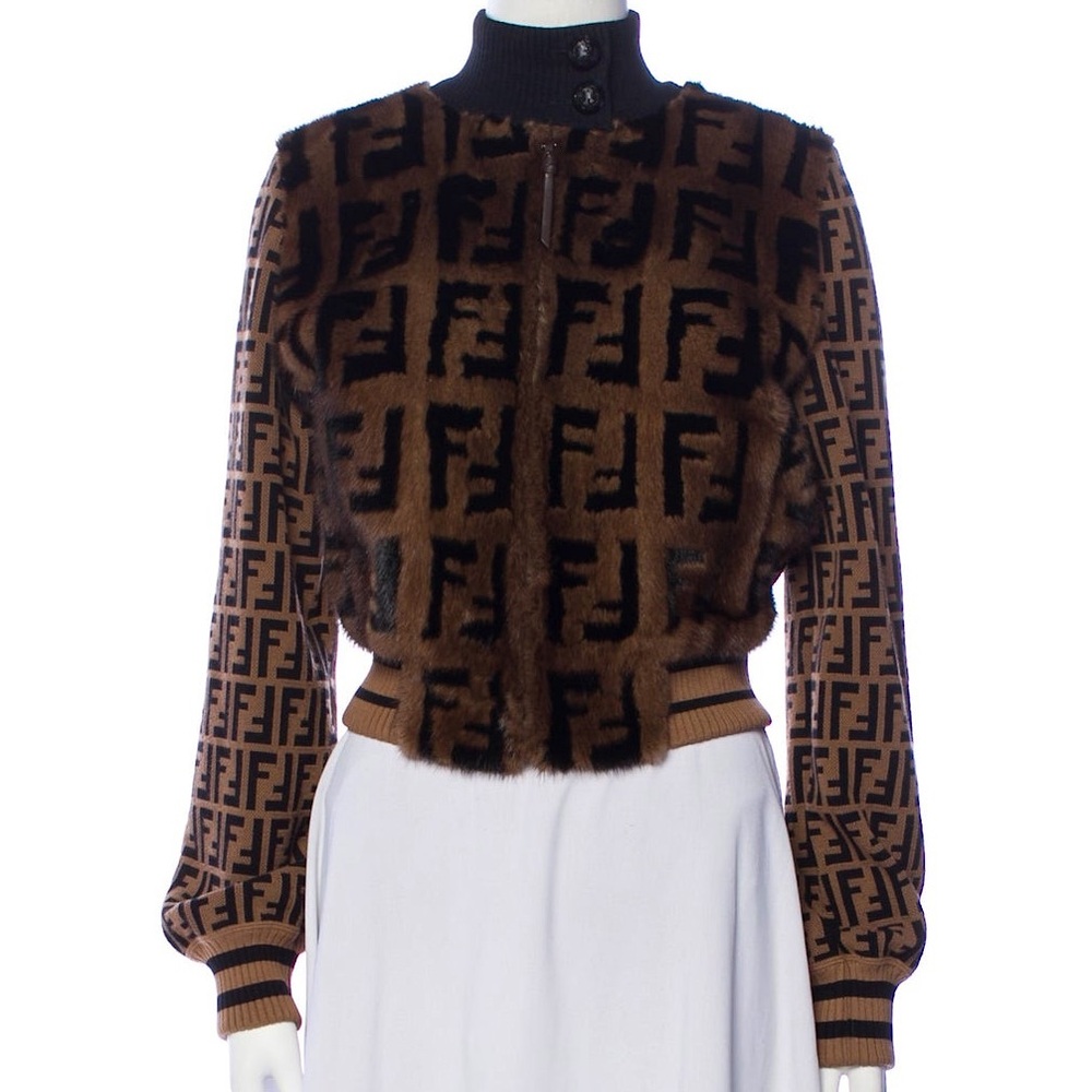 Fendi Women's Bomber Jacket Zucca Jacquard and Mink Fur Brown